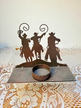 Western Cowboy Silhouette Metal Tea Light Candle Holder 3D Rectangular Brown